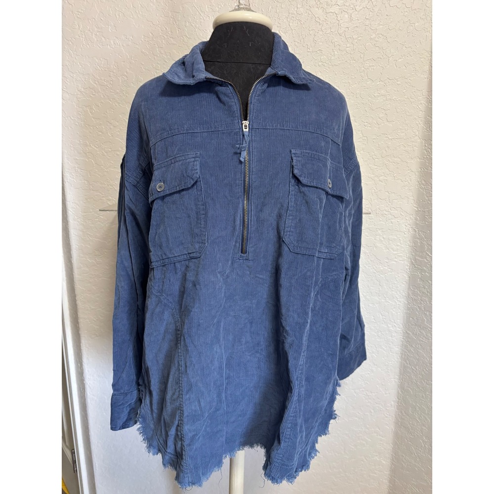 OFFLINE by Aerie Blue Corduroy Quarter Zip Pullover Raw Hem Oversized Shirt S